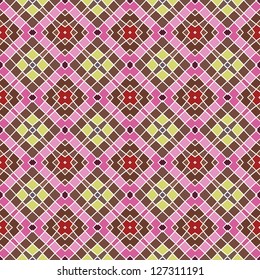 Design for seamless tiles with geometric lines and squares in pink, yellow, green, brown
