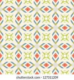 Design for seamless tiles with geometric lines and squares in pink, blue, green, grey, creme