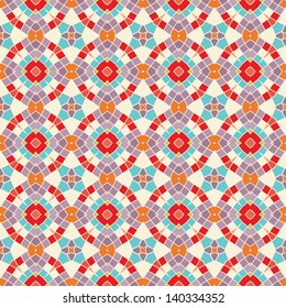Design for seamless tiles with geometric lines and squares in orange, red, blue, purple