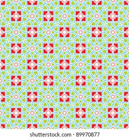 Design for seamless tiles with geometric lines and squares in pink, blue, green, red