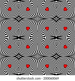 Design seamless twirl movement stripy pattern. Abstract red hearts and twisted lines background. Speckled twisted texture. Vector art