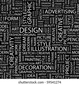 DESIGN. Seamless vector pattern with word cloud. Illustration with different association terms.