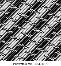 Design seamless waving pattern. Abstract monochrome interlaced background. Vector art