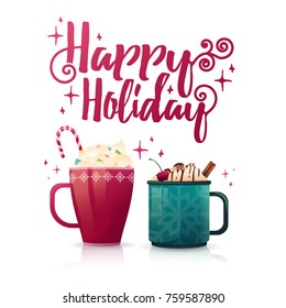 Design seasonal banner Happy Holiday. Poster template with a couple of hot beverage mugs. Christmas drinks with coffee, cocoa or chocolate. New Year banner for promotion and special xmas sale. Vector.