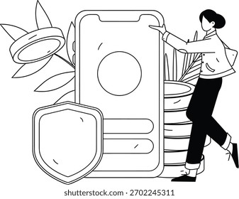 Design secure mobile app online banking digital payment financial security woman shield vector illustration verctor art illustration png
