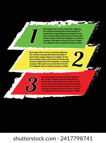 diseñar una secuencia de números 1 a 3 junto con una columna de descripción que es una infografía paso a paso, con un fondo rojo, amarillo y verde