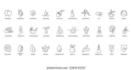 Design a Series of Vector Icons for Holistic Beauty and Wellness, Including Antioxidants, Radiant Skin, UV Protection, Moisturizing, Citrus Fresh, Renewing Essence, Glow Enhancer, Zinc, Green Tea