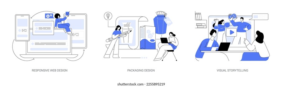 Design services abstract concept vector illustration set. Responsive web design, packaging brand guidelines and logo, visual storytelling, UI and UX, website frontend development abstract metaphor.