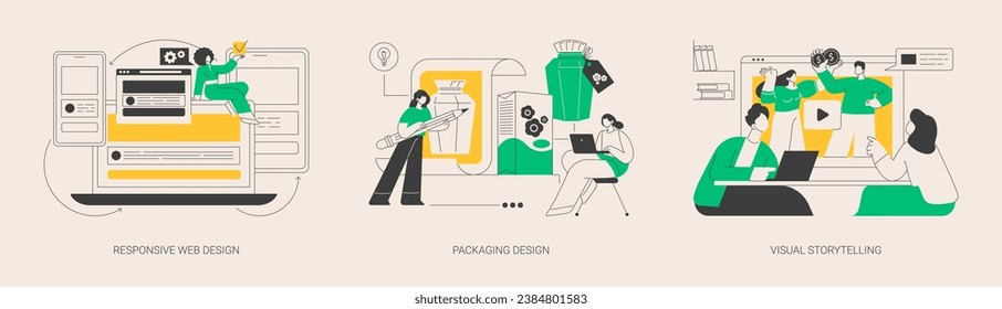 Design services abstract concept vector illustration set. Responsive web design, packaging brand guidelines and logo, visual storytelling, UI and UX, website frontend development abstract metaphor.