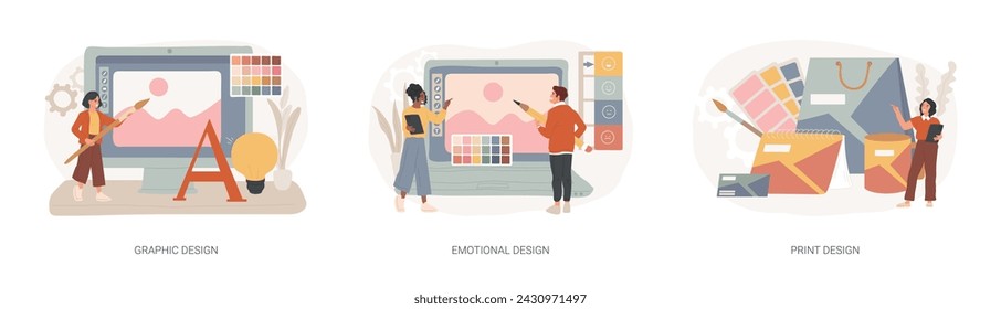 Design services isolated concept vector illustration set. Graphic and print design, emotional engagement, landing web page, freelance illustrator, user experience, business card vector concept.