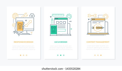 Design services - set of linear vertical web banners with copy space for text. Quality elements with computer, laptop, smartphone interfaces. Types, responsive, ux and ui, content management concepts