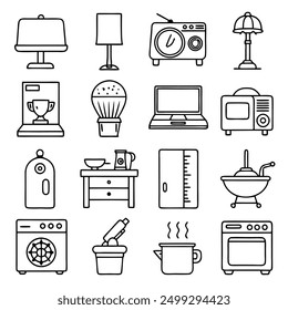 Diseñar un conjunto de 16 iconos de contorno negro que representan artículos para el hogar: sofá, cama, lámpara, mesa, silla, refrigerador, estufa, lavadora, microondas, tostadora, aspiradora, televisión, ventilador