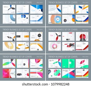 Design set of abstract double-page brochure with colourful circles, quares, triangles for branding. Business vector broadside.