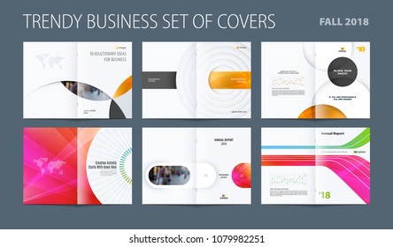 Design set of abstract double-page brochure with colourful circles, quares, triangles for branding. Business vector broadside.