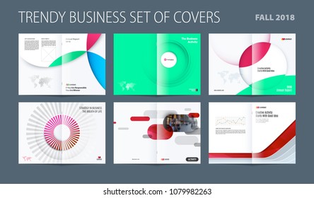 Design set of abstract double-page brochure with colourful circles, quares, triangles for branding. Business vector broadside.