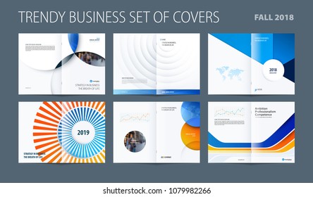 Design set of abstract double-page brochure with blue orange colourful circles, quares, triangles for branding. Business vector broadside.