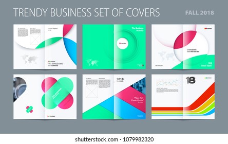 Design set of abstract double-page brochure with colourful circles, quares, triangles for branding. Business vector broadside.