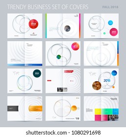 Design set of abstract double-page brochure with colourful circles, quares, triangles for branding. Business vector broadside.