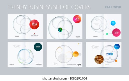Design set of abstract double-page brochure with colourful circles, quares, triangles for branding. Business vector broadside.