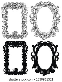 Design set with antique baroque frames in victorian style isolated on white. Hand drawn vector graphic illustration, engraved drawings for cards, posters, invitations