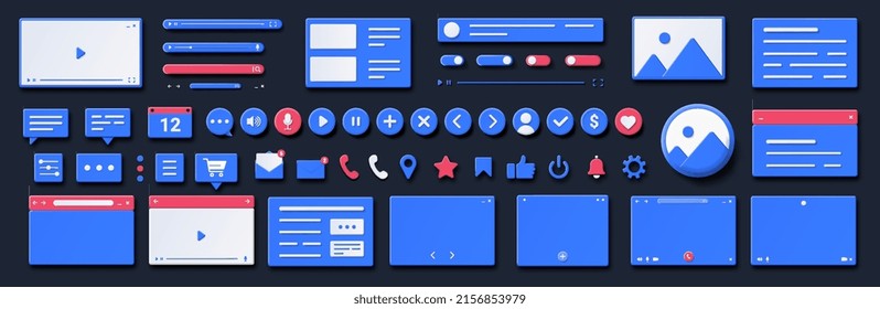 Design set for apps. Collection of icons for applications and programs, modern technologies and interface elements. Website and page. Cartoon flat vector illustrations isolated on dark background
