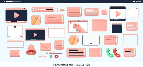 Design set for apps and websites. Scroll bar for the player. Multicolored icon templates frame video player. Realistic 3d objects for social media. Vector illustration
