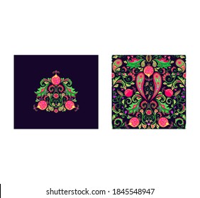 Diseño con decoración artística y mágica alfombra tradicional persa con estampado floral inmaculado con granadas, paisley, hojas exóticas y flores