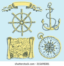 Design set with banner and sea objects: ship wheel, pirate map, compass, anchor. Illustration with hand drawn elements