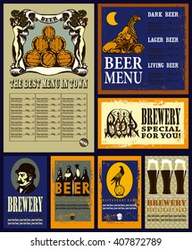 Design set  for beer. Set contains beer menu with griffin and moon,beer menu with coat of arms with women and beer tuns,beer labels with beer glasses,beer bottle, cartoon men and text. 