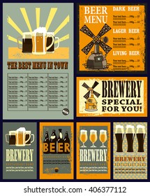 Design set for beer with beer menu.Design set contains beer menu design with beer mugs, brewery and different beer labels.
