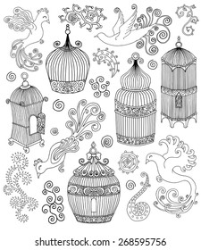 Design set with black silhouettes of cages, birds and curls, hand drawn graphic illustration