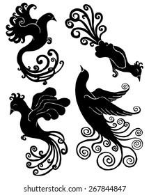 Design set with black silhouettes of fantastic birds on white, hand drawn illustration