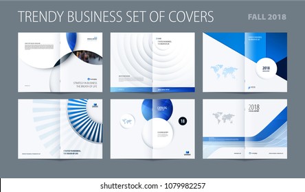 Design set of blue abstract double-page brochure with colourful circles, quares, triangles for branding. Business vector broadside.