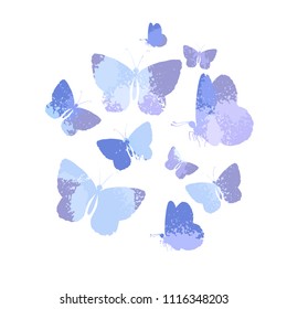 Design, set of  blue silhouettes watercolor butterflies isolated on white background. Art vector illustration.