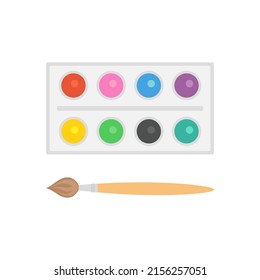 design set of bright watercolor paints in box with paint brush isolated on white background, colorful vector illustration with school items for kids, flat style