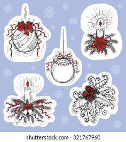 Design set with Christmas candles and decorations on white background, vintage collection with hand drawn elements