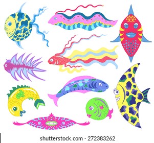 Design set with colorful drawings of various exotic fish isolated on white
