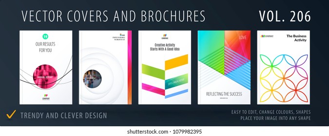 Design set of colourful abstract templates for business, trendy shapes, circles, rounds, rectangles, triangles.
