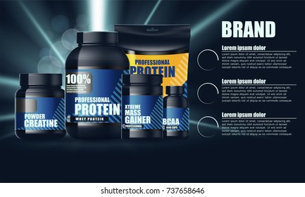 Whey Protein Container. Black Protein Jar. Vector Supplement Can. 3d  Plastic Tub for Powder during Workout. Muscle Bcaa Gainer. Sport Nutrition  Product Packaging. Bodybuilding Nutrient Canister Stock Vector
