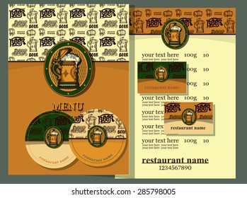   Design set contains templates  for  business card, coaster, menu,price. Design set for brasserie  restaurant,. Vintage style.