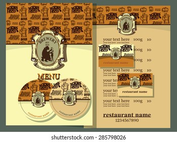  Design set contains templates  for  business card, coaster, menu,price. Design set for brasserie  restaurant,. Vintage style.