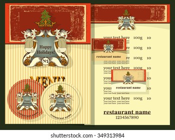 Design set contains templates  for  business card, coaster, menu,price, reindeer,crow and , Christmas  tree . Design set for restaurant. New Year style. 