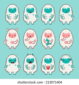 Design set of cute chibi yeti emoticons. Cartoon vector