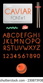 design set with decorative vector font made of red caviar 