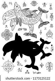 Design set with dolphins and mystic abstract symbols on white. Esoteric, occult and Halloween concept with sacred geometry elements, graphic vector illustrations for music album cover, t-shirts