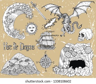 Design set with dragon, cave, skull, treasures, old ship, compass and decor. Vector sketch of fantasy epic, adventures and old transportation concept. Graphic line art engraved illustration