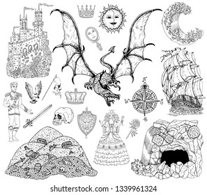 Design set with dragon, princess, cave, treasures, castle, prince, decoration. Vector sketch of fantasy epic, adventures and old transportation concept. Graphic line art engraved illustration