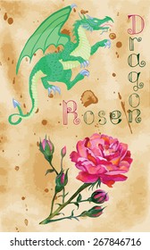 Design set with dragon and rose on grunge paper background, hand drawn elements