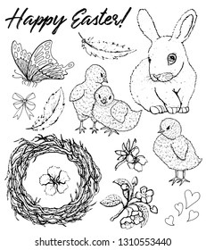 Design set with Easter funny rabbit, chicken, birds nest, spring flowers, butterfly. Hand drawn illustration. Happy Easter! Graphic spring vector elements for invitation, greeting card, decoration