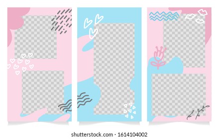 Design set of editable social network vertical stories templates. Valentine's day theme for marketing on social media frames, stories in puzzles, backgrounds, banners. Vector illustration elements.